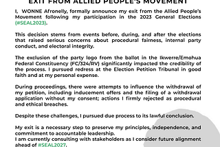Exit from the Allied People’s Movement (APM) Nigeria