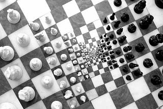 A chess board with mirrors depicting a perfect scenario of recursion.