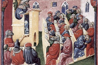 A medieval painting of a lecture. The front two rows are paying close attention. The back two rows are talking and one student is sleepling.