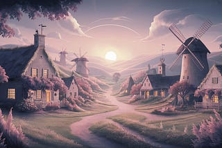 A serene and captivating painting of a village at dusk by AI Artz
