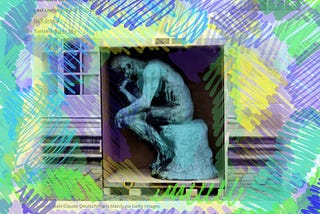 Photo of a cast of Rodin’s statue “The Thinker” inside a box, made for transporting it. The picture is overlaid with purple, yellow, and green graphic lines.