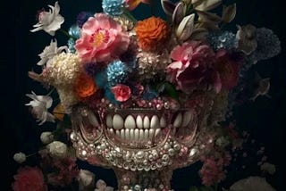 A bejeweled vase sports creepy teeth while a holding a burst of colorful flowers in soft light.