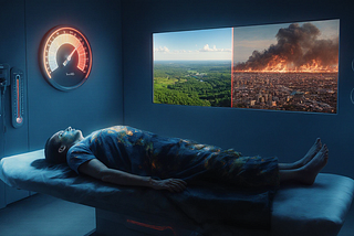 Man representing planet earth laying on a hospital bed. Dials indicating high temperature and a split window. On the left of the window there is a green nature scene, on the right is fire.