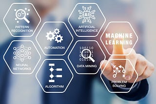 A person touching a screen with icons and the words: machine learning, artificial intelligence, problem solving, data mining, automation, algorithm, pattern recognition, and neural networks.