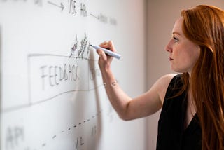 Engineer writes on whiteboard