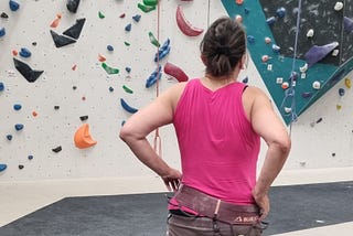 The author looking at a wall of climbing routes.