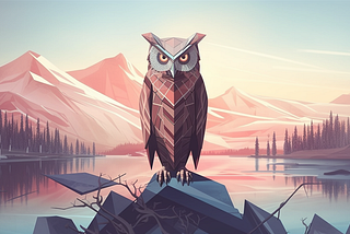 Owls are said to be wise and full of knowledge… image of an owl, in a geometric art style, sitting on a rocky perch, overlooking a lake in a vast mountain range.