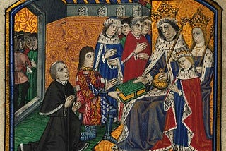 Presentation miniature from Dictes and Sayings of the Philosophers, the first printed book in the English language, translated by en:Anthony Woodville, 2nd Earl Rivers, younger brother of Queen Elizabeth Woodville, and printed by William Caxton. The miniature shows Rivers presenting the book to his brother-in-law King Edward IV, accompanied by his consort Queen Elizabeth Woodville and her son Edward, Prince of Wales. Lambeth Palace Library, MS 265.