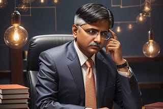 An executive at his desk with with Books and papers thinking deeply resolving a problem