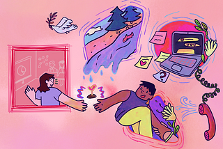 A pink, purple, and yellow illustration. It has a person in a box on one side that looks like they are facilitating a workshop, their colours have no depth. Outside of the box, there are multiple shapes, the top is an irregular rectangle with a scene of a river and a bird flying away. To the right there is a laptop, sticky notes, and a telephone. On the bottom, there is another person with their had reached out to the facilitator.