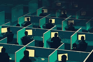 a sea of office cubicle workers