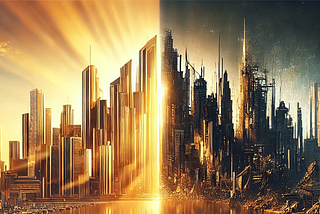 Illustration of a fictional city skyline. Golden, futuristic and utopian on the left; dark, crumbling  and dystopian on the right.
