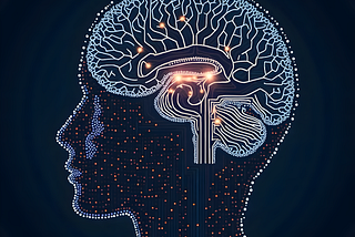 A digital representation of a human head, with a detailed white and blue brain inside. The brain is made up of interconnected lines and dots, with a few glowing orange dots scattered throughout. The rest of the head is made of orange squares, and there is a dark blue background with a slight blur. The head is in profile, facing the left side of the image.