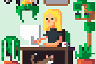 A female developer works at a desk in a room full of plants and cats