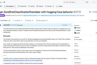 Screenshot of a GitHub pull request titled “Align ZeroShotClassificationTranslator with Hugging Face behavior #3712” in the DJL (Deep Java Library) repository. The PR was created by raphaeldelio and merged by xyang16. It describes improvements to the translator to match the behavior of Hugging Face’s zero-shot classification pipeline in Python. The right panel shows reviewers (frankfliu, xyang16, zachgk), all marked as reviewed. The PR includes 4 commits, 5 checks, and changes in 3 files.