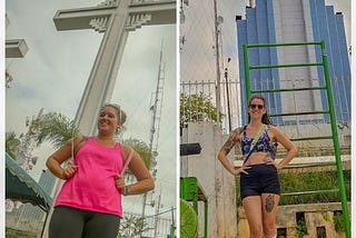 Side by side photos of the author, a young woman, standing in front of the same large cross in the photo on the left she is noticeably larger than in the photo on the right.