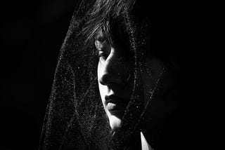 A striking black and white portrait of a woman partly obscured by a delicate veil, evoking mystery