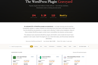 The Royal Plugins Plugin Graveyard — a searchable database of 194+ abandoned WordPress plugins with 10K+ active installs each