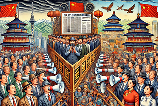 ChatGPT generated panoramic image of the Western echo chamber and chauvinism regarding China.