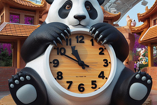 A large alarm clock forms the belly of a giant plastic panda.