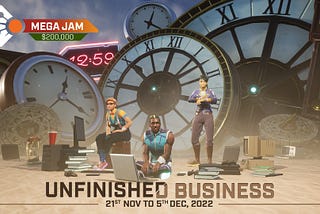 A group of game characters sit and stand around a number of huge clock faces and old computers. They appear to be waiting for something. The caption reads “Unfinished Business”