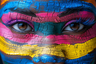 a close-up of a person’s face with vibrant, multicolored paint applied in a way that resembles the cracking of dry earth. The colors are bold and cover a spectrum including yellow, pink, blue, green, and orange, applied in such a manner that each color transitions into the next, creating a striking visual effect. The eyes of the person are visible, with the paint covering the eyebrows, eyelids, and the rest of the face, except for the eyes themselves, which look out, making a strong connection w