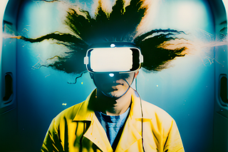 A man in yellow clothes with shabby hair looking through VR glasses.