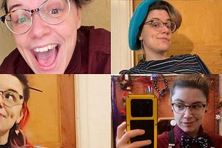 A montage of 8 photos of Becki in a range of different outfits with various facial expressions including laughing, smiling, and a slight knowing smirk.