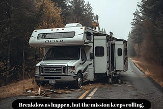 A broken-down RV on the roadside, symbolizing spiritual roadblocks and the challenges volunteers face while serving God.