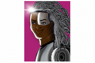 Image of an NFT featuring a woman with brown skin and long silver hair in a gray futuristic suit with a gray patch around her eye.