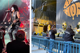 Two photos side-by-side: Paul Stanley of the band “Kiss”and members of the band “Dirty Honey”