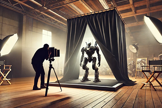 A photographer using an old film camera to take a picture of an AI powered robot