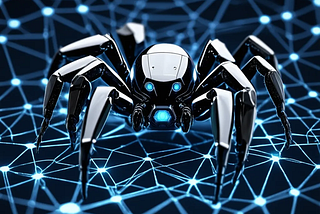 An illustration of a spider-like robot crawling through a web of connected nodes, representing the internet.