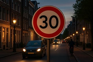 IMAGE: A twilight urban street in Europe features a prominent 30 km/h speed limit sign, with a cyclist and car sharing the road between warmly lit old buildings