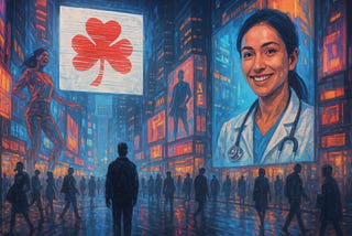 Dystopian city street with billboards and hollograms everywhere. A central billboard of a red clover and a medical professional.