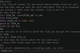 SQL coding challenge #2: Relational division: Find all movies two actors cast in together