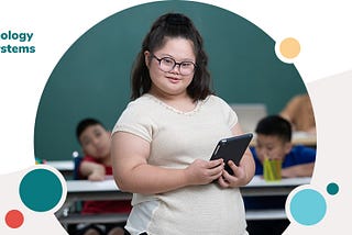 Center on Inclusive Technology & Education Systems logo, girl with Down syndrome smiling and holding a tablet device