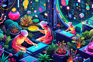 Illustration of a busy computer lab with individuals engaged in tasks on their computers, showcasing teamwork and technology