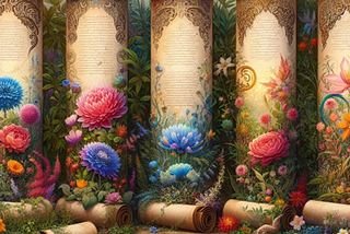 Image of 5 scrolls with flowers to represent 5 poems of the self, used to illustrate post.