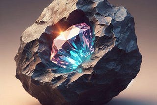 A rough, jagged stone with a small section chipped away, revealing a sparkling, vibrant gem inside. The contrast between the rough exterior and the beautiful interior is striking and symbolic of the concept of hard gratitude.