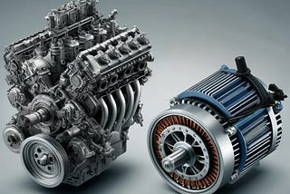 IMAGE: An illustration of an internal combustion engine and an electric motor side by side, showcasing the detailed contrast between their structures and technologies. This visualization highlights the differences in complexity and design, emphasizing the evolution of automotive engineering