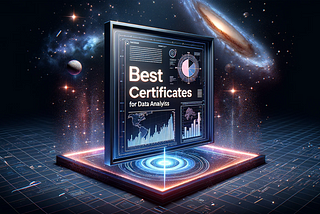 An eye-catching, wide banner image designed for an online article, titled “Best Certificates for Data Analysts.” The image features a 3D, holographic-style display of analytical charts, including a pie chart and bar graph, seemingly floating above a futuristic grid. The background is a vast cosmic space, dotted with stars, planets, and a swirling galaxy, embodying the expanse of the universe. Centered within the display is the article’s title, “Best Certificates for Data Analysts,” written in a