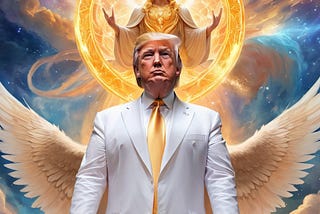 Fantasy depiction of Donald Trump, with angels wings rising into the heavens.