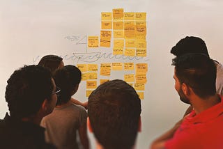 6 pessoas olhando para uma parede com vários post-its