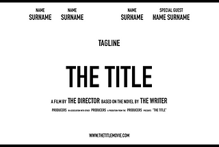 Um cartaz de cinema com apenas marcações de textos no lugar dos nomes dos atores, o título do filme e outras informações