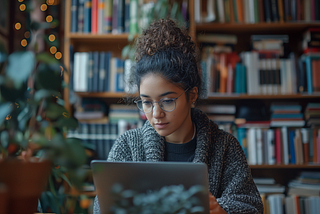 A writer sitting at her study and typing on her laptop