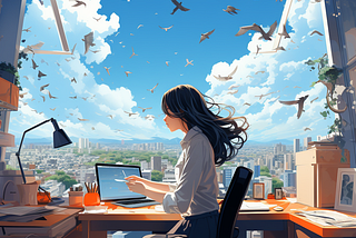 Summer office, girl with medium straight hair in a suit works at a workstation in the office, with windows and sky, flying birds in the sky, sun, city, bright tones, hand drawn style