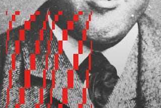 Poster showing a photo of a young Carl Nielsen pulling a funny face, with bright red graphics overlaid.