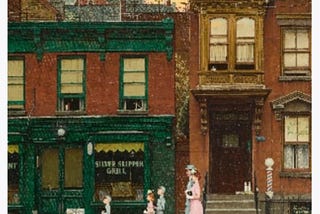 Norman Rockwell painting of a family of five walking in front of brick storefronts with milk bottles in front of dark doors, houses, a church & steeple in the background, and birds in the sky
