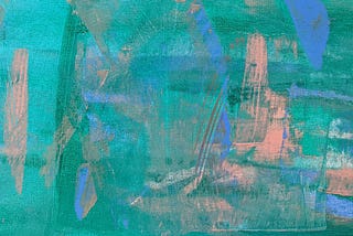 An abstract painting. The canvas is mostly light teal, with swipes of light blue and peach pink. The overall effect is relaxing.